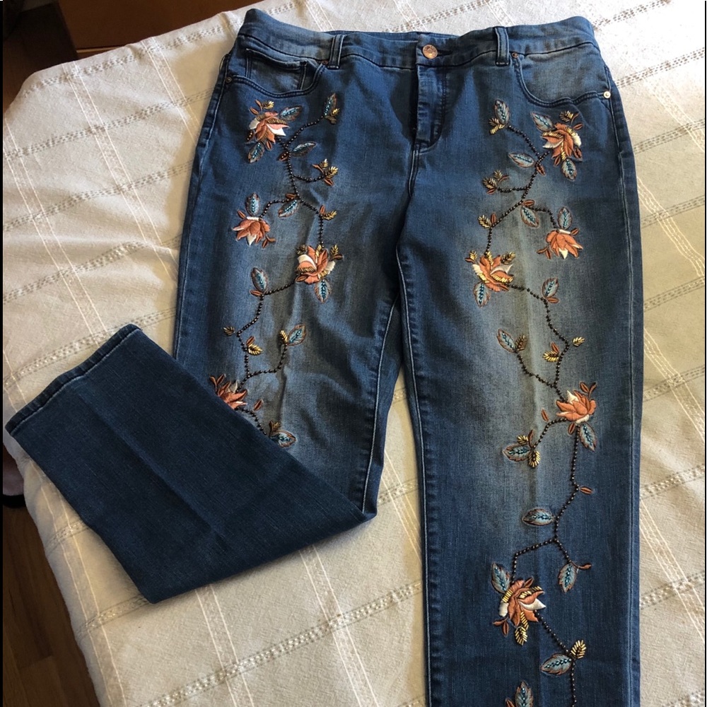 Chico’s embroidered beaded jeans: new, never worn